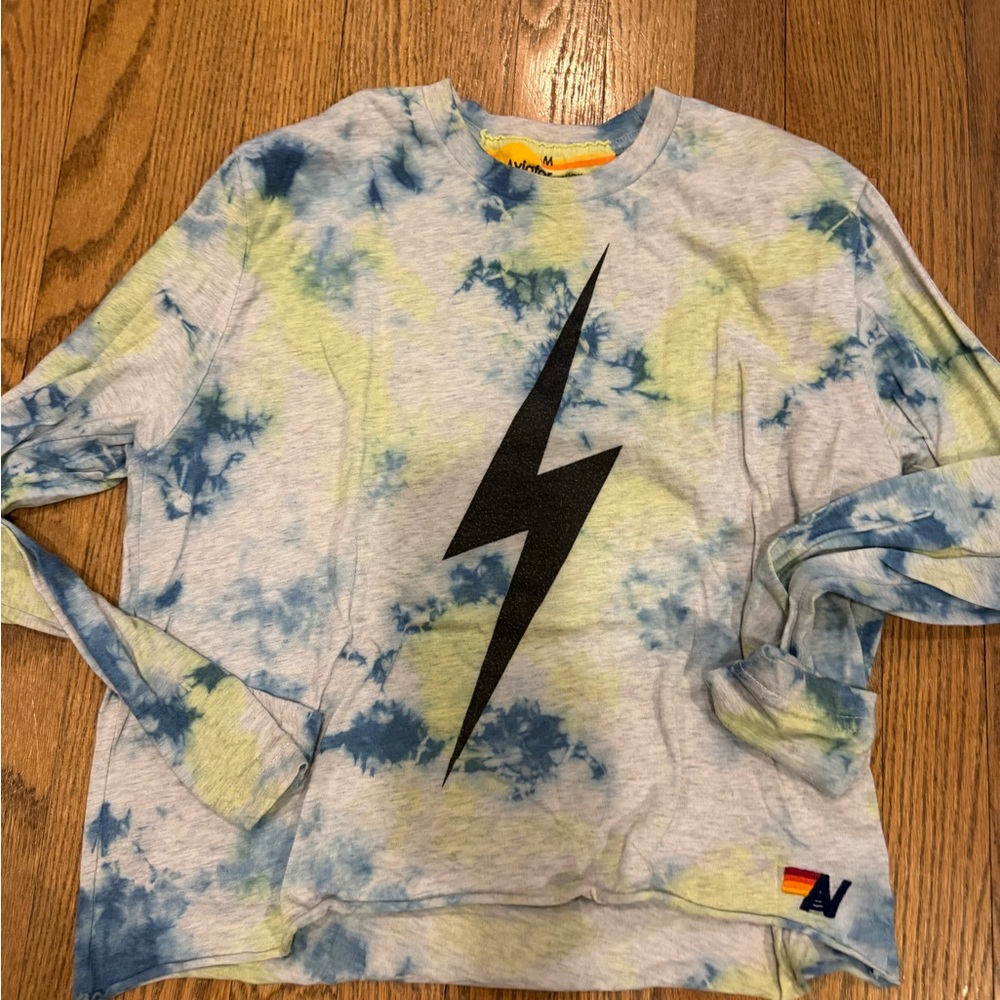 Aviator Nation Blue and Yellow Tie-Dye Tee cropped M